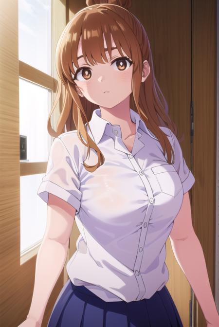 moekosekine, <lora:moeko sekine s1-lora-nochekaiser:1>,
moeko sekine, long hair, skirt, brown hair, (brown eyes:1.5), hair bun, single hair bun, sidelocks,
BREAK skirt, shirt, school uniform, white shirt, short sleeves, pleated skirt, collared shirt, blue skirt,
BREAK indoors, classroom,
BREAK looking at viewer, (cowboy shot:1.5),
BREAK <lyco:GoodHands-beta2:1>, (masterpiece:1.2), best quality, high resolution, unity 8k wallpaper, (illustration:0.8), (beautiful detailed eyes:1.6), extremely detailed face, perfect lighting, extremely detailed CG, (perfect hands, perfect anatomy),