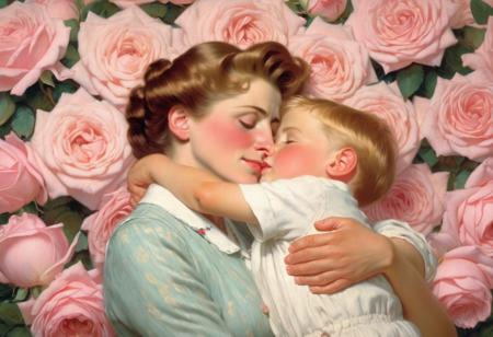 Emotional scene of a mother embracing her young son, teary-eyed, tender moment, heartwarming, background is a wall of pink roses, delicate details, soft lighting, emotional depth, realistic style, by Mary Cassatt and Norman Rockwell, heartwarming masterpiece