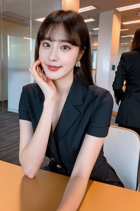 masterpiece, (8k, photorealistic, RAW photo, best quality: 1.4), (1girl), beautiful face, (realistic face),(blunt bangs:1.2),realistic eyes, dark eyes, beautiful and detailed eyes, (real skin), beautiful skin, ultra-high resolution, ultra-realistic, high-definition black suit, mini skirt, on the office, <lora:kazumin:0.9> kazumin