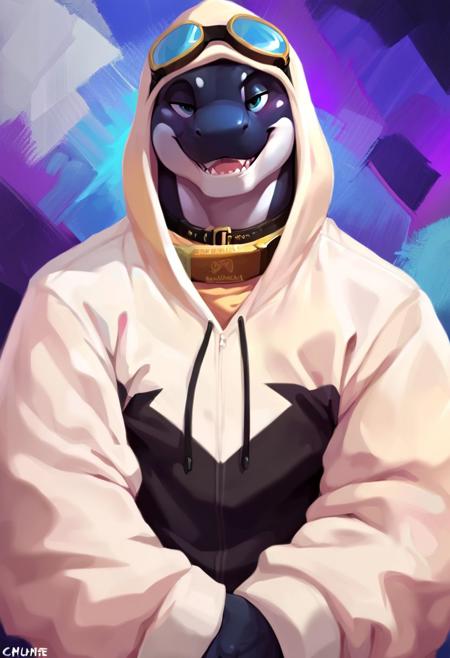 score_9, score_8_up, score_7_up, score_6_up, orca, anthro, looking at viewer, seductive expression, male, attractive, attracted to the viewer, perfecteyes, black collar, goggles, abstract background, bottom heavy, digital art, realistic, (black finger nails), hoodie, abstract background, perfect, hands, Hand, avatar picture, seductive pose,