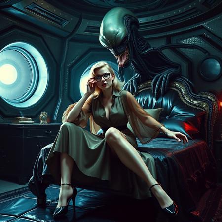 Terrified blonde secretary, clad in a  1950s flowing open transparent chiffon blouse, her glasses askew, her satin skirt lifted, her legs spreaded wide open, knees bent, hands tied to headboard, glossy high heels a stark contrast to her distress, as a towering, human-like alien in a glossy black slime baroque  robe looms over her, its long fingers grasping her  nipples, its tongue extended, tasting the terror on her cheek. The alien's bioluminescent eyes gleam with an unholy intensity as it subjects her to a twisted examination on a weird, biomechanical bed with steel restraints under tentacle canopy, its black glossy foil pillow reflecting the faint glow of the whorish boudoir. The walls appear to be alive, covered in a pulsing, iridescent slime, while giant observation portholes gaze in like empty eyes, as if the very darkness of space itself is watching this horrific scene unfold. Inspired by the dark, industrial sci-fi of H.R. Giger, the eerie, atmospheric lighting of Zdzisław Beksiński, and the surreal, biomechanical nightmares of Francis Bacon.
