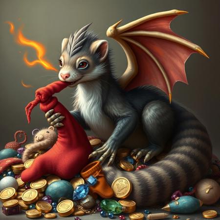 A dragon ferret hybrid, a furry dragon with ferret features, a ferret evolved into a dragon, stealing a rolled up sock, hoarding trinkets and toys mixed with treasure, grabbing red sock, grey  brown  and white colored fur, furry tail, dragon wings, breathing fire, laying on top a pile of hoarded treasure which includes gold coins gems socks and plushies,