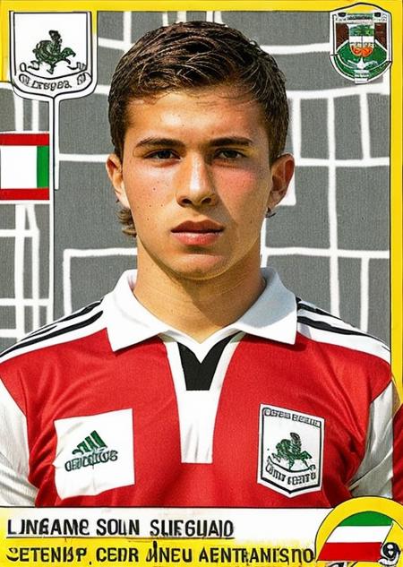 pa_fb_st , 1boy, male focus, solo, sportswear, soccer uniform, Central African flag, english text,logo, <lora:Panini_Football_Stickers:1>