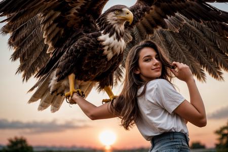 from below,from side and behind,photo of a 18 year old girl,standing,a eagle standing on her arm,happy,looking at viewer,ray tracing,detail shadow,shot on Fujifilm X-T4,85mm f1.2,depth of field,bokeh,motion blur,<lora:add_detail:1>,