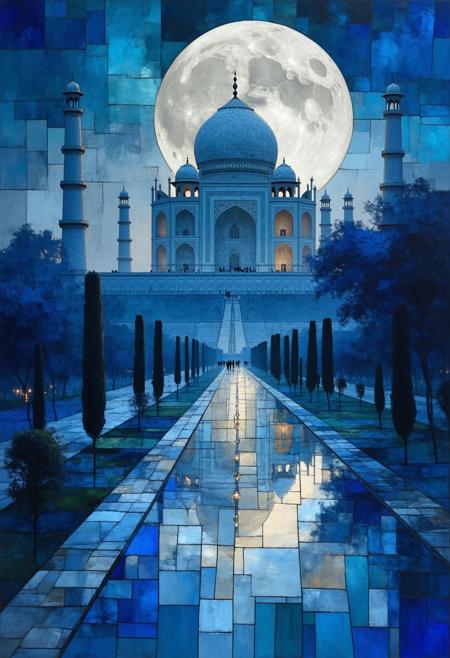 Visualize a serene scene of the Taj Mahal at night, illuminated by moonlight and strategically placed spotlights, rendered as a Cubist stained-glass panorama. The scene is framed by lush gardens and reflecting pools, creating a mesmerizing interplay of light and shadow. The color palette emphasizes deep indigo, silver-grey, creamy white, and charcoal black, amplifying the ethereal and dreamlike quality. Blend photorealistic details â the intricate carvings of the Taj Mahal, the subtle shimmer of the moonlight on the water, the textures of the stone â with the geometric abstraction of Cubism. The overall composition should convey a sense of majesty, mystery, and timeless beauty, emphasizing the dramatic contrast of light and shadow.