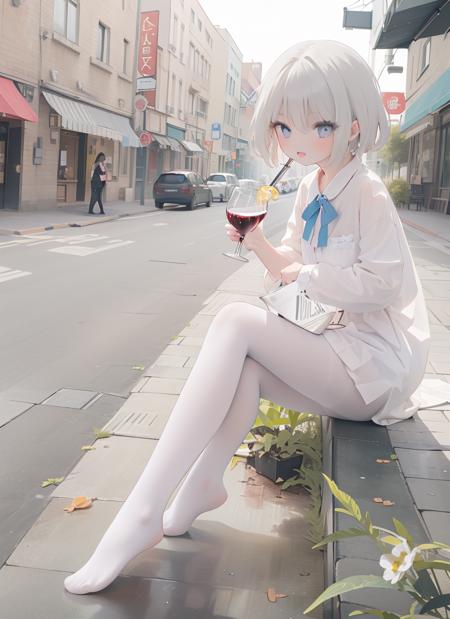 1girl,white pantyhose,street, <lora:white tights2:0.6>,drinking glass