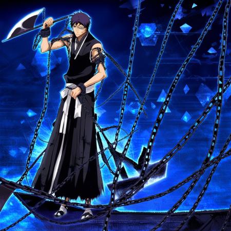 HisagiShuhei69 black sleeveless Kimono, holding scythe and chain weapon