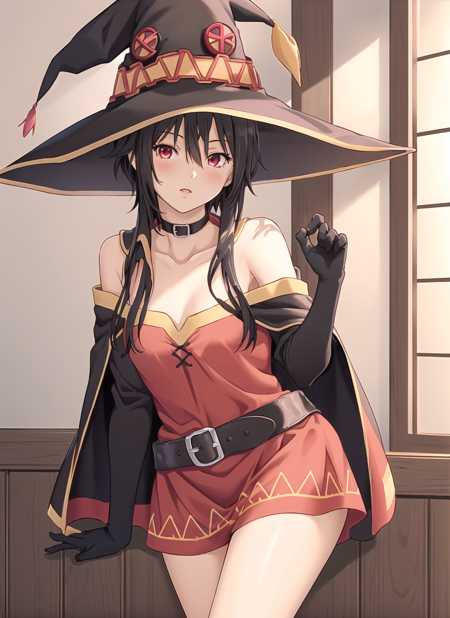 yakiyama line <lora:yakiyama_line_offset:1>, masterpiece, best quality, megumin, 1girl, bare shoulders, black cape, black gloves, black hair, cape, choker, collarbone, dress, hair between eyes, hat, long sleeves, looking at viewer, medium hair, off-shoulder dress, off shoulder, red dress, red eyes, sidelocks, solo, witch hat, indoors,