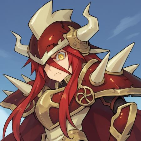 Guldef, (1boy), red hair, long hair, hair between eyes, yellow eyes, (armor), full armor, spikes, shoulder armor, one eye covered, horned helmet, spiked helmet, horned headwear, shoulder spikes, cape, red cape, pauldrons, gauntlets, greaves,  GulDef, (Guldem), dark skin, dark-skinned male, (1boy), red hair, long hair, hair between eyes, (yellow sclera), yellow eyes, (armor), full armor, spikes, shoulder armor, shoulder spikes, cape, red cape, pauldrons, gauntlets, greaves