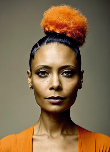 portrait of sks woman by Flora Borsi, style by Flora Borsi, bold, bright colours, orange Mohawk haircut, ((Flora Borsi)), <lora:locon_thandie_v1_from_v1_64_32:1.3>