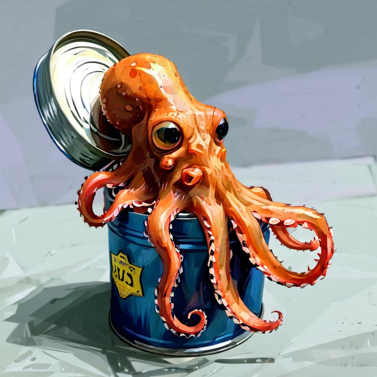 An artistic painting of a toy squid in a can.