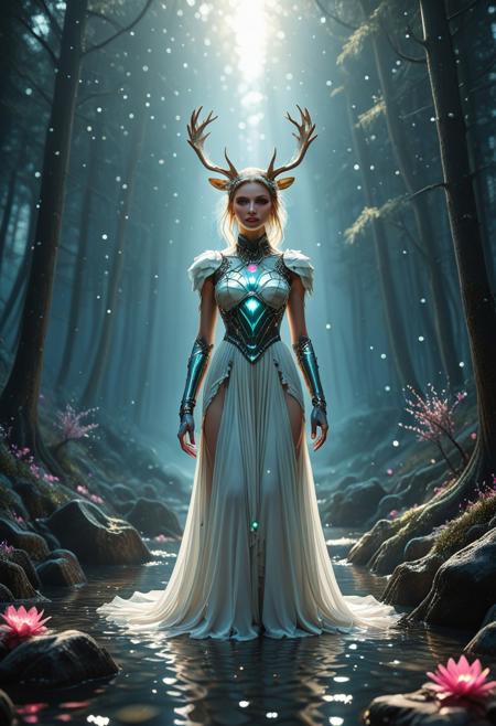 voronoi, voxels, voxelized, lowpoly, a shallow pond with a glorious moose drinking, awesome, peaceful, diffuse morning rays, ethereal, kind, sweetness, high fantasy world, in the the forest, shimmering morning dew, 32k, UHD, RAW, beautiful photo, transparent glass shell, wiring twisting within, sparking, white sand beach, UHD, diffuse lighting, empty feeling,  beautiful blond Nordic princess android resplendent in a elegant Pearlescent white silk jewel quantum punk princess gown with kingfisher embroidery, with a regal loose hairstyle adorned in floating pearls,  bright pink colored eyes, kind, gentle expression, outdoors,  high fantasy grand Hall setting, spring festival setting, mobe-cybideen ,UHD, perfect in every way, 32k, RAW, intricate, cinematic photography style, highly detailed, Every element is brought to life in UHD resolution, full shot, whimsy