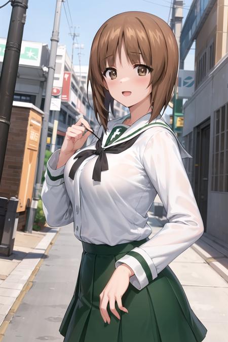 masterpiece, best quality,1girl, solo,non, girls und panzer,nishizumi miho, ooarai school uniform, outdoors, street <lora:Nishizumi Miho:0.6>