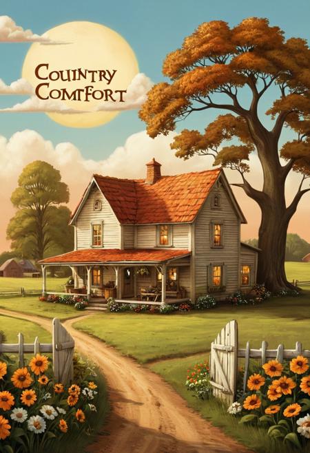 Artistic. Warm tones. Country style.
Closeup of sweet country farm cottage. Text across the sky: "Country Comfort".
<lora:CountryComfort01a_CE_XL_300-OT:0.4> cntrycmfrtCE_style
<lora:TextTitle01a CE XL 300-OT:0.6> texttitle