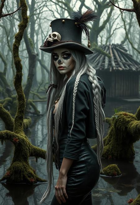 A dark fantasy setting. In a swamp, trees (both standing and growing, and fallen over) have moss growing all over them. In the background is a strange hut made of wood. In the foreground is a young woman, long white hair in a multitude of small braides, pale skin, medium breasts, her face is painted with makeup to look like a skull. She wears a short top hat that's adored with beads hanging from the brim and feathers, a pirate's shirt, an open cropped jacket, and black leather pants with a belt.  She looks at the viewer, her body turned slightly to the side, a slight tilt to her head, shoulders back. her expression is that of a curiosity and unease. 
semi realistic
