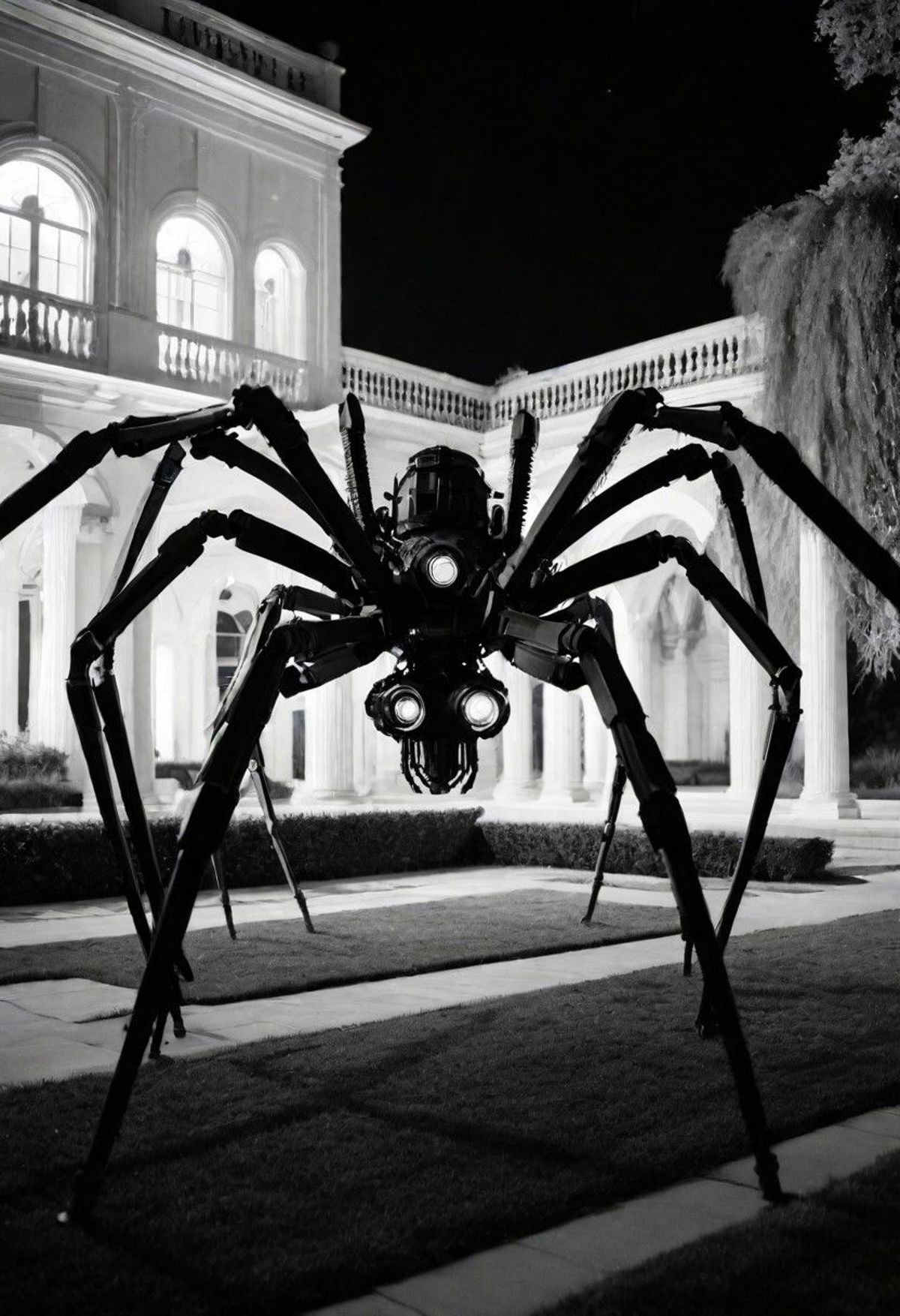 A large robot spider on a lawn in front of a building at night.