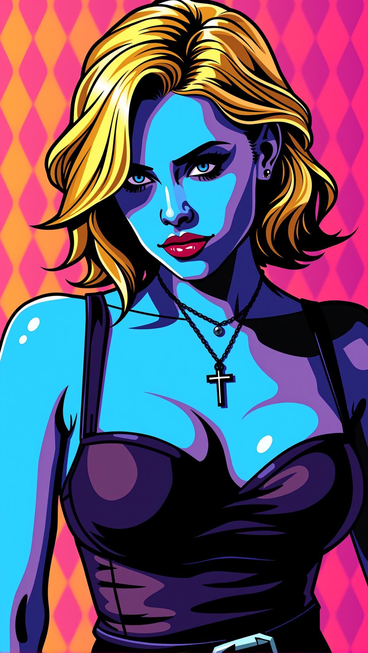 DMT Art Style, Pop Art, Pop Art style , Buffy (Buffy the Vampire Slayer),blonde hair, goth, dark makeup, cross necklace,  demi bra, suit skirt  , medium breasts  . bright colors, bold outlines, popular culture themes, ironic or kitsch, vivid colors, flat color, 2D, strong lines, Pop Art, bright colors, surreal visuals, swirling patterns, DMT art style