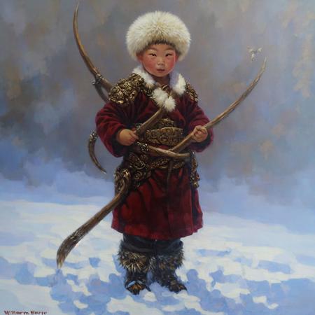 Mongolian boy in warrior costume, snow 
highres, hq, highly detailed, oil painting, 
 <lyco:Meirzhan_Nurgozhin:1>