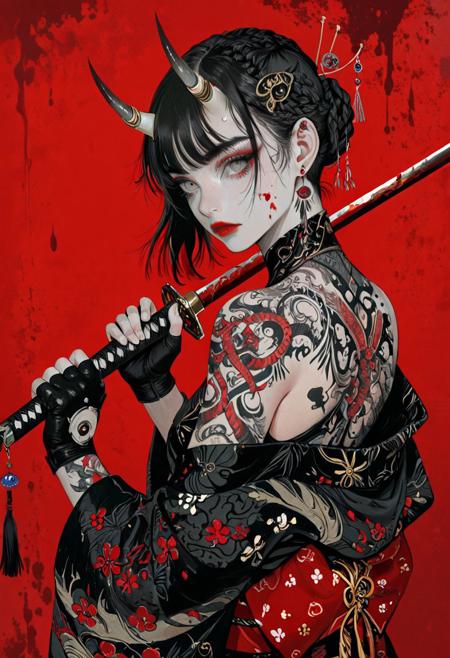 1girl, solo, looking at viewer, short hair, black hair, gloves, holding, closed mouth, jewelry, bare shoulders, upper body, braid, weapon, earrings, horns, japanese clothes, black gloves, looking back, sword, fingerless gloves, kimono, holding weapon, off shoulder, grey eyes, tattoo, makeup, blood, holding sword, katana, animal print, lipstick, red background, blood on face, oni, red lips, arm tattoo, print kimono, black kimono, horn ornament, shoulder tattoo