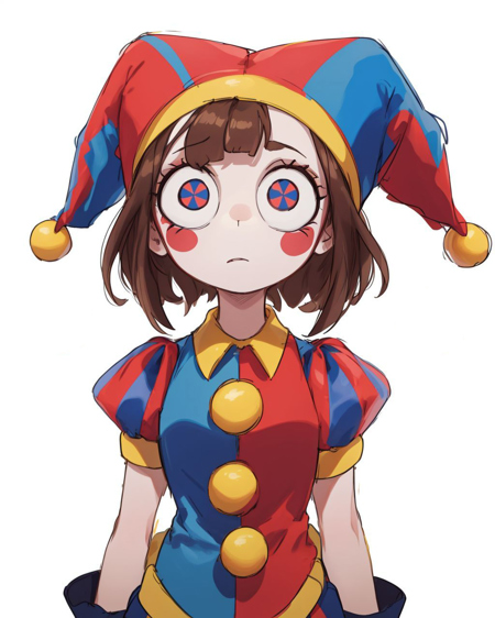 pomni, 1girl, solo, brown hair, (symbol-shaped pupils:1.1), jester cap, clown, multicolored headwear, puffy sleeves, short sleeves, hat,