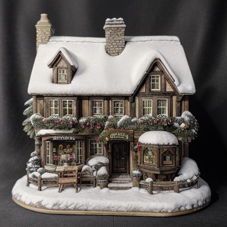 <lora:M1n14tur3:0.9>,photo of (M1n14tur3:1.1) ceramic sculpture of the picturesque Hogsmeade Village,(steaming cauldrons in the windows of Scrivenshaft's Quill Shop:1.2),(whimsical architecture and snow-covered roofs:1.2),(colorful shop signs swaying in the breeze:1.1),trees,birds,landscape architecture render,photo realistic,ornate,studio photograph,sitting on a wooden counter with a black cloth background,bokeh,tilt shift,super detailed,intricate,dramatic,shadows,beautiful,insane details,hyperdetailed,8k wallpaper,uhd,hdr,high contrast,