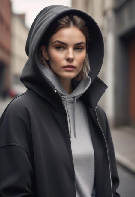 Parameters: 8k, hyper-realistic, cinematic quality, photorealistic, black-and-white photography, HDR, soft natural lighting, fine texture detail, editorial composition, urban casual atmosphere, matte finish.
Subject: Minimalist Grace, a female model with a short, tousled haircut wearing a graphic hoodie layered under an oversized tailored coat. She accessorizes with bold hoop earrings, her playful and candid expression captured as she adjusts her hood, exuding effortless charm and street-style sophistication.
Instructions: Create a black-and-white editorial portrait set in an urban street environment with a soft focus on the background. The composition should highlight the layers and textures of the outfit, blending casual and structured elements. Utilize natural, diffused lighting to emphasize the model’s joyful expression and the bold typography on the hoodie for a dynamic, relatable aesthetic.
Style Reference: Inspired by contemporary streetwear campaigns and urban fashion editorials, blending casual confidence with refined layering for a modern, approachable look.
Camera Settings: Canon EOS R5, 50mm f/1.8 lens, ISO 400, f/2.5 aperture, 1/250 shutter speed, natural soft lighting emphasizing details while maintaining a candid, authentic vibe.