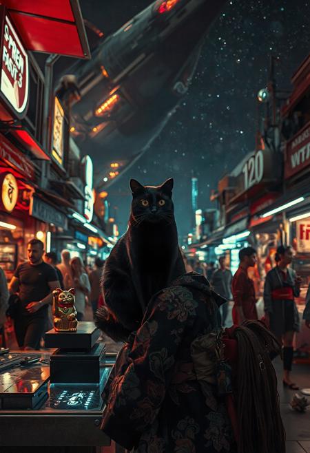 Setting is a futuristic cyberpunk street market at night, the market is comprised of street vendors selling robot parts, food, weapons, and robot pets. People wearing futuristic cyberpunk clothing are walking through the street market shopping and eating, A sleek black cat with red collar sits on a cluttered metal riveted desk with transparent top and micro-LED lighted computer components visible inside, On the desk is an ebony and gold maneki neko statue and futuristic art deco lighting, (((a beautiful woman, 24 years old, is standing in the foreground facing the viewer, she has an expression of interested curiosity)))))), the sleek black cat with red collar is sitting on the desk and watching the people walking by in the busy street market, the woman is dressed in futuristic cyberpunk Japanese style kimono-style clothing that are sexy and Japanese classic aesthetic. An enormous art deco inspired starship with futuristic lighting and an enormous space station are visible in the background among the stars, The woman's hair is elegantly tied up with a ribbon. Artistic cyberpunk, dynamic perspective, (((overall architectural aesthetic is Art Deco Cyberpunk))).  Epic image that elicits a feeling of wonder and awe, part of the interior is visible,