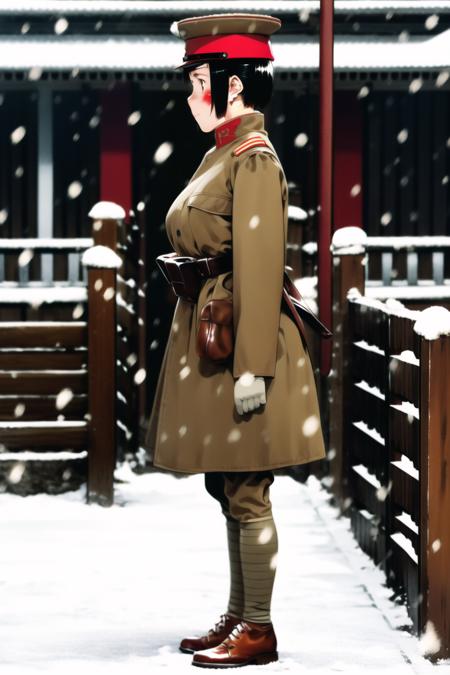 masterpiece, best quality, absurdres, high resolution, extremely detailed, 1girl, solo,  standing, from side,  armband,  looking at another, looking away,  ((IJA Taisho, khaki uniform, IJA  soldier,)), double breasted trench coat, IJA peaked cap, leg wrappings,leg_wrap, infantryman's puttee, brown shoes large breasts, wide hips,   narrow waist,  black hair,   blood on clothes,   full-face blush,  holster, leather belt pouch, ruined chinese village,  ruined street, winter, snowing, snowflakes,  <lora:IJAuniform-v0:0.9> <lora:ooyari-style_v1.0:0.75>