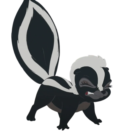 Black and white, skunk body, Disney style, skunk from Bambi, cute skunk character, tan brown stomach, blue and black and white eyes, Young, skunk bushy tail, round teardrop nose, black nose, skunk animal dick, erected dripping cum, looking back at viewer, turned around, back facing viewer, head turned around facing viewer from side, right hand on hip, tail up in the air, smell of musk, looking sexy,feral,look like Flower skunk,bent over,male skunk