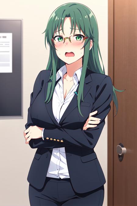 1girl, anime screencap, asougi rin, blush, breasts, crossed arms, flustered, glasses, green eyes, green hair, highres, large breasts, long hair, mature female, mnemosyne, office lady, open mouth, pants