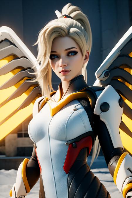 (masterpiece, best quality:1.2), intricate details, <lora:A3D_Beta:1>, 1girl, mercy (overwatch), mechanical halo, blonde hair, mechanical wings, blue eyes, lips, gloves, looking at viewer, armor, ponytail, eyelashes, makeup, standing, upper body, realistic