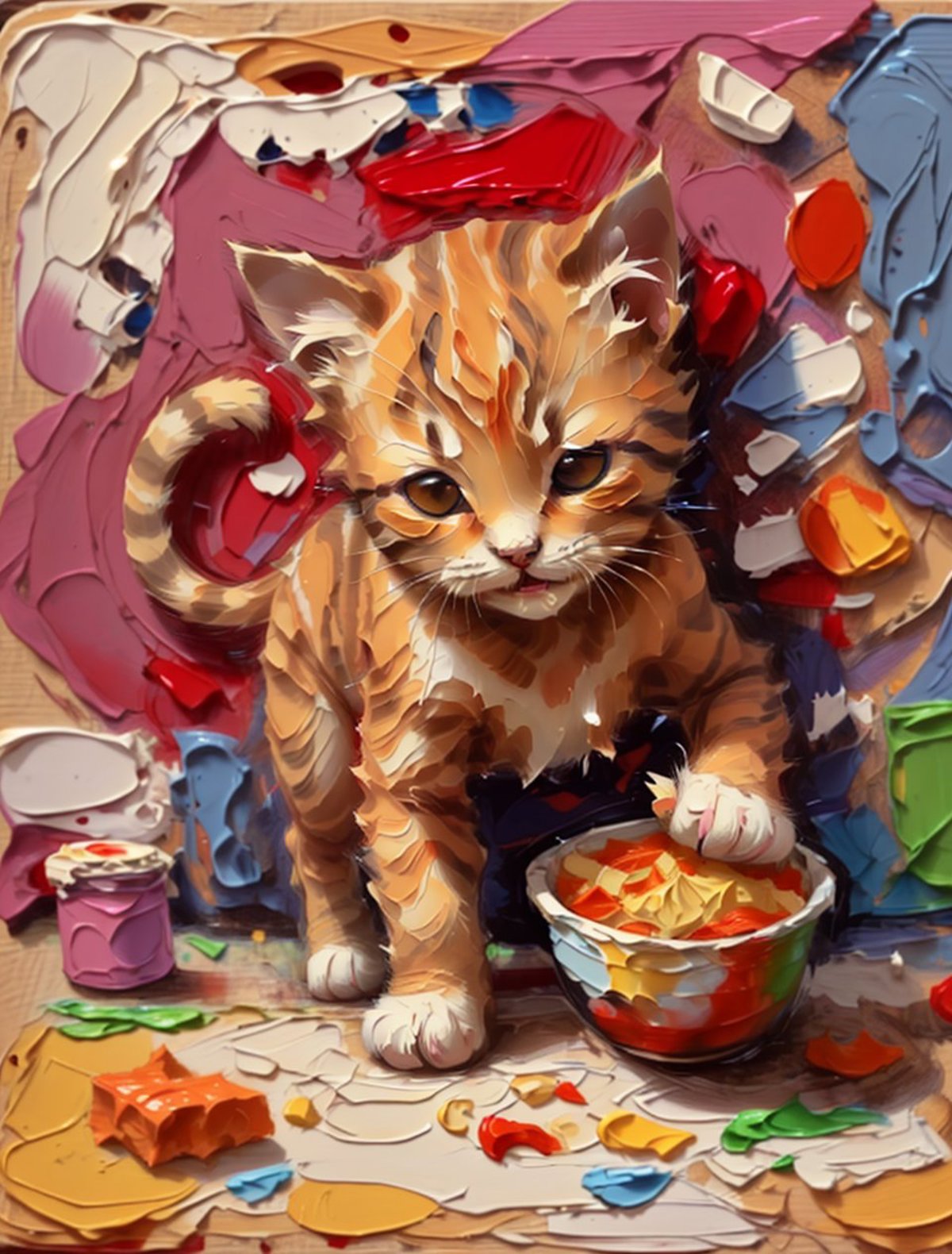 Orange and White Kitten Playing with a Bowl of Food.