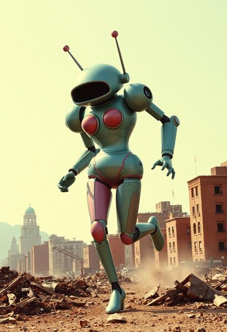 score_9, score_8_up, score_7_up, ArsMovieStill, movie still from a 1930s technicolor movie, a giant colorfoul robot human sexy woman form with giant breast two antennas running on a destroyed city