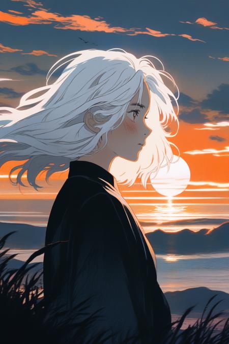 illustrator, ghibli, horror style ,sketch , 1girl, portrait, dark white hair, sunset, (masterpiece,best quality)