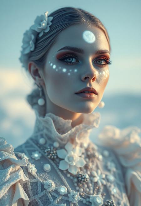 Ultra realistic portrait , By Eric Lacombe By Patrice Murciano Frostpunk Fashion Photography, white glacial blue, minimalism, smoked eye shadow, illuminated white bulging biomorphic dot pattern, glacial landscape, glacial flowers, bokeh snowflakes, volumetric particle dust, powdered paint pigment, vivid color, misty aether houte - couture rococo glacial clothing, holga medium format camera, etherial lighting, backlighting, in the style of, professional ominous concept art, by artgerm and greg rutkowski, an intricate, elegant, highly detailed digital painting, concept art, smooth, sharp focus, illustration, in the style of simon stalenhag, wayne barlowe, and igor kieryluk.
