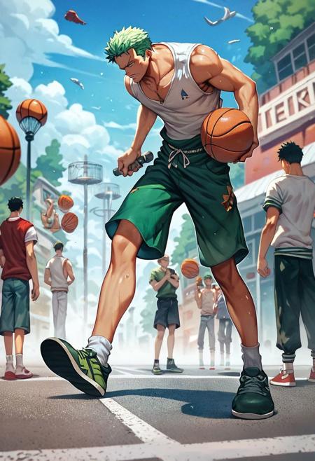 score_9, score_8_up, score_7_up ,score_6_up, 8k, green hair,ZORO , playing Basketball in street