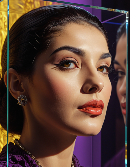 slightly purple coloured classical Maria Callas head with pronounced facial features  Maria Callas like, laser-sculpted, 
into the cube glass yellowish fractalized background dark palette, high resolution and contrast and colour, 
contrast, intricately textured and extremely subtle detailed, deep focus, isometric perspective, volumetric lighting, 
side-light, drop shadows, ultra quality, 8k quality,  Smooth Quality, ArsMJStyle, Colored pencil hyperdetailed realism, <lora:clear:1>, <lora:FF.101.juggernautXL_version6Rundiffusion.LORA:0.7>, <lora:Hyperdetailed_Colored_Pencil:0.6>, <lora:SDXLDetailer:1>