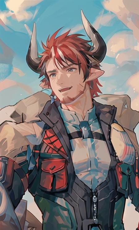 <lora:xiumosi:0.7:MIDD>,  <lora:husbandoLocon_v32:0.4>, xiumosi, 1boy, brown_eyes, big aqua_eyes, red hair, (streaked_hair), facial_hair, ((cow horns)), red stubble,  pointy_ears, male_focus, portrait, :d,  ((solo)), god rays