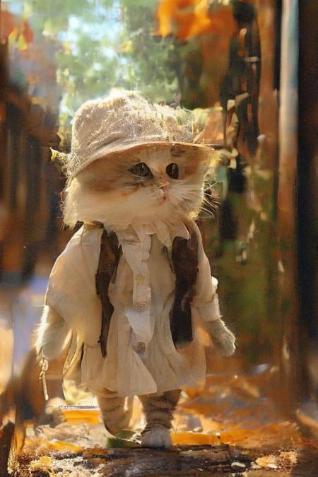 a woman's head, on a cat's body, running down a street, with a plane on her back