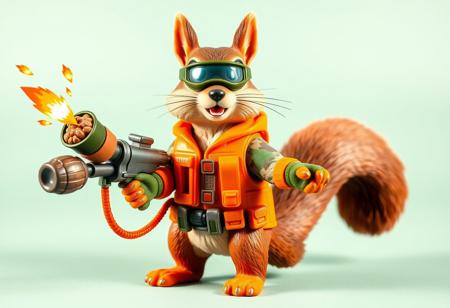 1990s-style action figure toy of an anthropomorphic squirrel dressed as a forest-themed nut defender superhero. The squirrel wears an orange utility vest, forest camo gloves, and goggles, holding a walnut-shell cannon that fires acorn projectiles and confetti nutrient bursts. Stylized accessories mini pumpkin grenades, and a belt of seeds. Bright colors, nostalgic aesthetic, detailed toy design, whimsical and heroic style, bold comic-book shading. Clean background. (No text). Isometric angle. 4:5 aspect ratio --v 5 --style 90s --ar 4:5