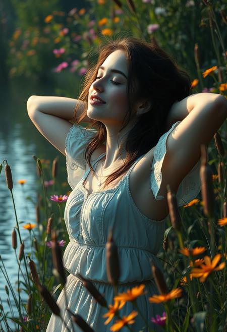 A sleepy 20 year old beauty on the edge of an ancient river, her arms behind her back in relaxation as a smile plays on her lips,An exquisite cinematic portrait illustration of a dark fantasy scene, set on a perfect summer afternoon, casting an ethereal light on the surroundings, The background is filled with an array of summer wildflowers and cattails, all in a vibrant color palette, The overall atmosphere is mysterious and enchanting, perfect for a dark fantasy tale, portrait photography, vibrant, photo, illustration, dark fantasy, cinematic