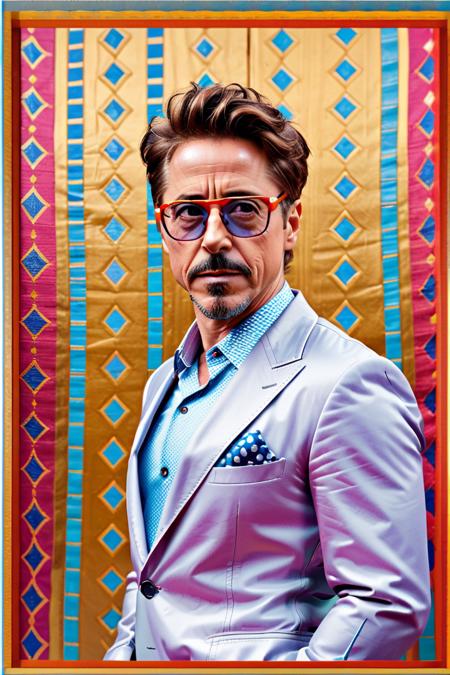 creative pose, vibrant colors, Moroccan style background, portrait,close up of a Robert Downey Jr., <lora:Hassan_Hjjaj_Style:0.8> the hassan hjjaj style