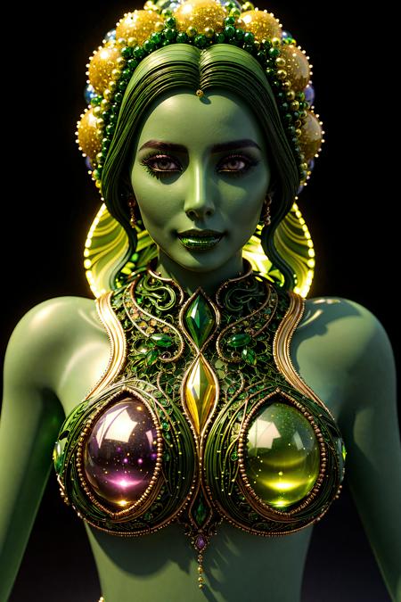 a beautiful woman made from melted glass spheres, intricate details, green and yellow glass, vivid colors, digital art, 8k