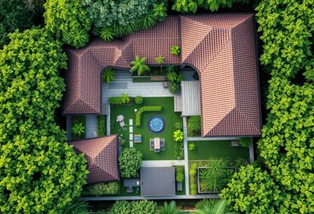Seen from a high-angle bird's-eye view, this three-generation garden house is nestled in vibrant greenery, designed to foster family togetherness and daily functionality. The house is structured around a central open courtyard, where lush plants and a small water feature create a serene atmosphere. Surrounding the courtyard, the home’s main areas extend in a “U” shape: on one side, a grand living-dining space (~40 sqm) accommodates large family gatherings, seamlessly flowing into a modern kitchen equipped for daily meals and family celebrations.
Adjacent to the communal areas, an ancestors' worship room connects with the living room, embodying tradition and respect. Bedrooms for each generation are thoughtfully positioned for privacy: a spacious room for elderly family members faces the garden for easy access; the middle-generation rooms feature flexible layouts; and smaller rooms for younger members complete the family-oriented design. Verandas and shaded patios provide relaxation spaces overlooking the garden paths, vegetable patches, and seating nooks for evening gatherings, blending indoor and outdoor spaces harmoniously. The overall design balances openness with cultural intimacy, creating a peaceful family haven amidst nature.