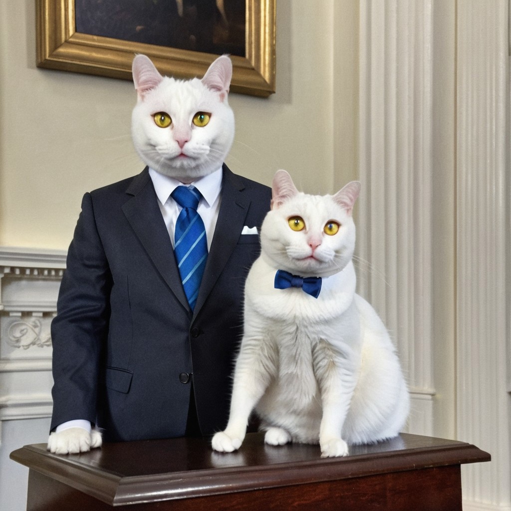 GrubCat, solo, ((((heterochromia)))), ((((left eye blue, right eye yellow)))), white GrubCat cat wearing suit and tie, standing behind podium, giving speech in White House, looking at viewer, dynamic angle, best quality, extremely high detailed, masterpiece, cartoon