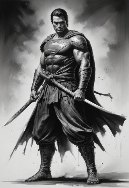 standing pose of Superman samurai,  he wears the classic samurai suit, professional studio quality image, heroic pose, dramatic lighting, ultra realistic photograph, professional art, black and white ink art painting