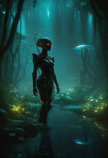 Ultrarealistic. sharp focus, dynamic lighting. play of light, reflection, refraction, Raytracing, Ultra detailed. Alien themed. Alien scenery. alien scenery background. alienworld. A gorgeous female robot in an alien forest. surrounded by ice.enchanting, cosmic, celestial, ethereal, vibrant flora, magical, luminous, serene, dreamy, radiant, bioluminescent, intricate details, surreal, enchanted forest