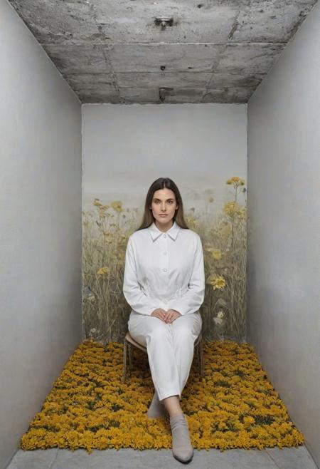 [award winning photograph], surrealism,  ((a small, cube space with walls covered in thick, yellow padding sewn into square patterns, each padded square is 40cm², and the seams are reinforced to prevent tearing, the padding extends to the floor, which is also padded in the same way,  the ceiling is similarly padded, with a single, recessed light fixture in the center, covered with a cage)), ((door to the small cube space, is heavy and solid, with a small, reinforced glass window at eye level, covered by a metal grid) , ((in the center of the room sits a cyberneticperson, she is dressed in a plain, white, one-piece garment, and restrained by a straightjacket), (she is seated with her knees drawn up to their chest,
<<BREAK>>
((images of wildflowers in a burning swamp are seen as low opacity doubleexposures in her imagination)),
[ 32k photograph, uhd, ornately detailed, very detailed background]
realisticvision-negative-embedding, epiCNegative