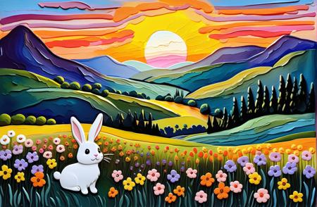 an  field of flowers in the mountains  at sunset overlooking a beautiful valley, a cute bunny looks on  [<lora:FF-Style-Edvard-Munch-vpred:1.2> painting style of Edvard Munch
<lora:DD-made-of-clay-XL-v2:1> [ :made-of-clay, smooth shiny clay,:.2] saturated colors |   <lora:Dripping Art:1.5> Dripping Art page]