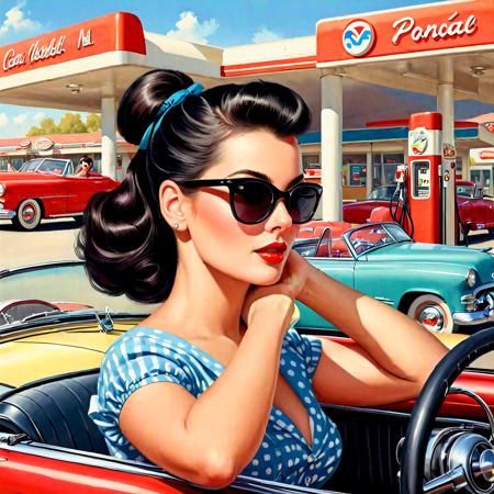 beautypinupart, 1girl, portrait illustration of woman driving in convertible car, 1950s style, sunglasses, black hair, pony tail, confident, gas station in background , <lora:PinupManiaXL_V1.0:1>